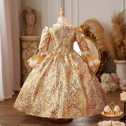 Victorian Princess Costume with 3/4 Sleeves and Bowknot – Floor Length Lace Ball Gown for Girls