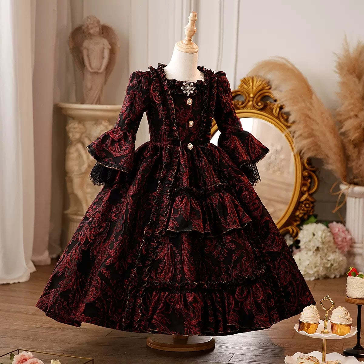 Victorian Princess Ball Gown with 3/4 Lace Sleeves and Sequins for Cosplay