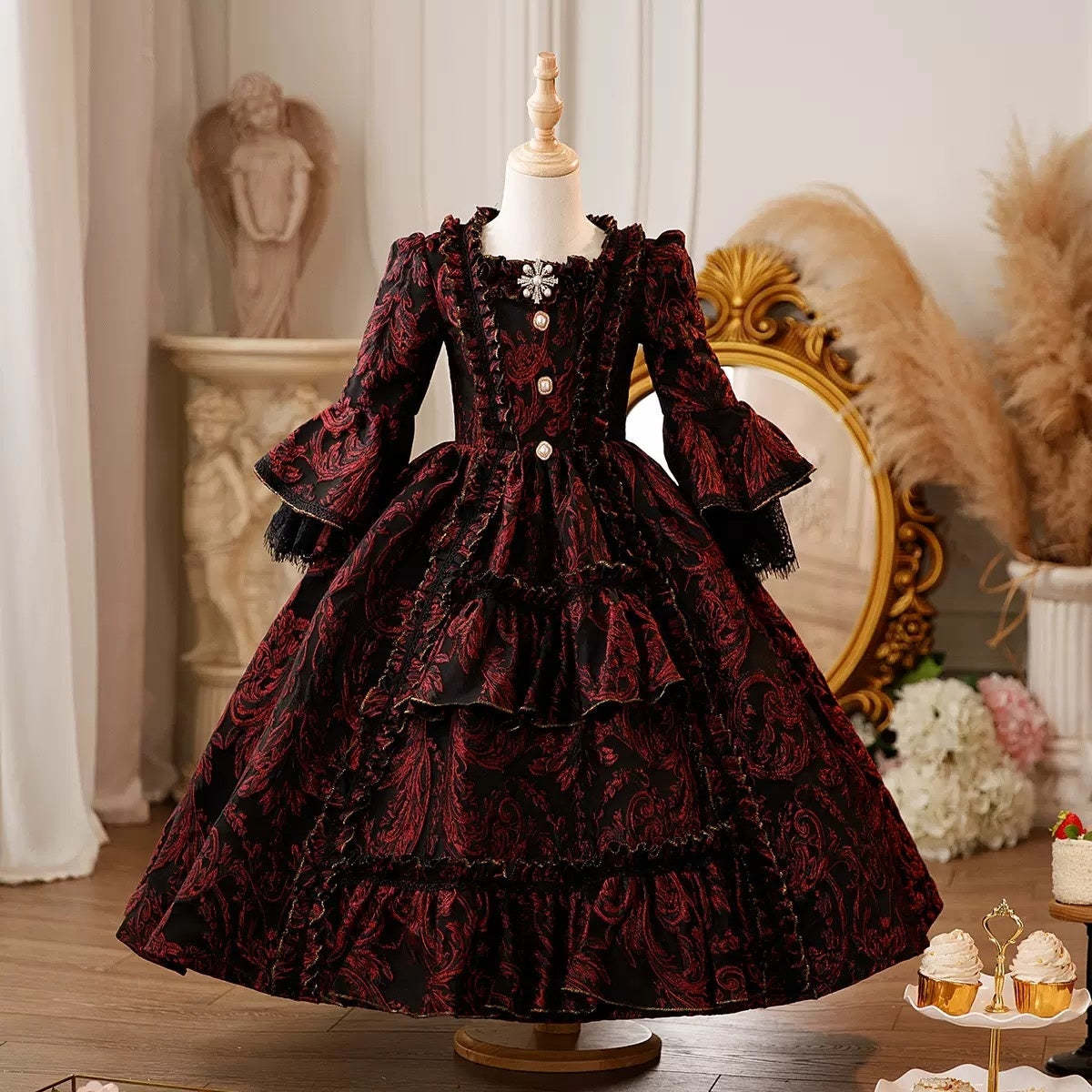 Victorian Princess Ball Gown with 3/4 Lace Sleeves and Sequins for Cosplay