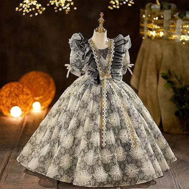 Victorian Princess Rococo Ball Gown for Girls with 3/4 Sleeves and Floor-Length Skirt