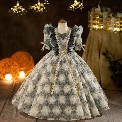 Victorian Princess Rococo Ball Gown for Girls with 3/4 Sleeves and Floor-Length Skirt