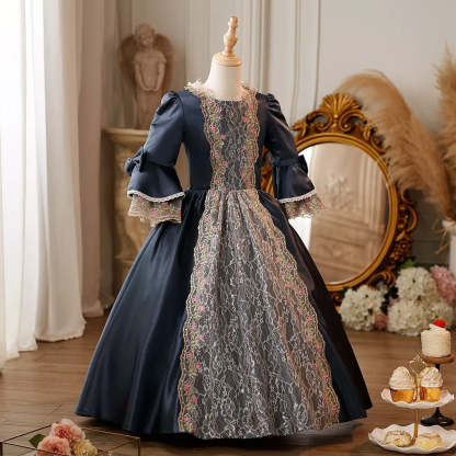 Victorian Princess Floral Ball Gown with Lace for Girls – Round Neck 3/4 Sleeves Floor Length