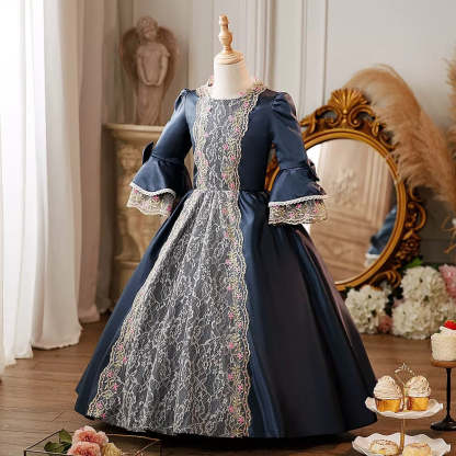 Victorian Princess Floral Ball Gown with Lace for Girls – Round Neck 3/4 Sleeves Floor Length