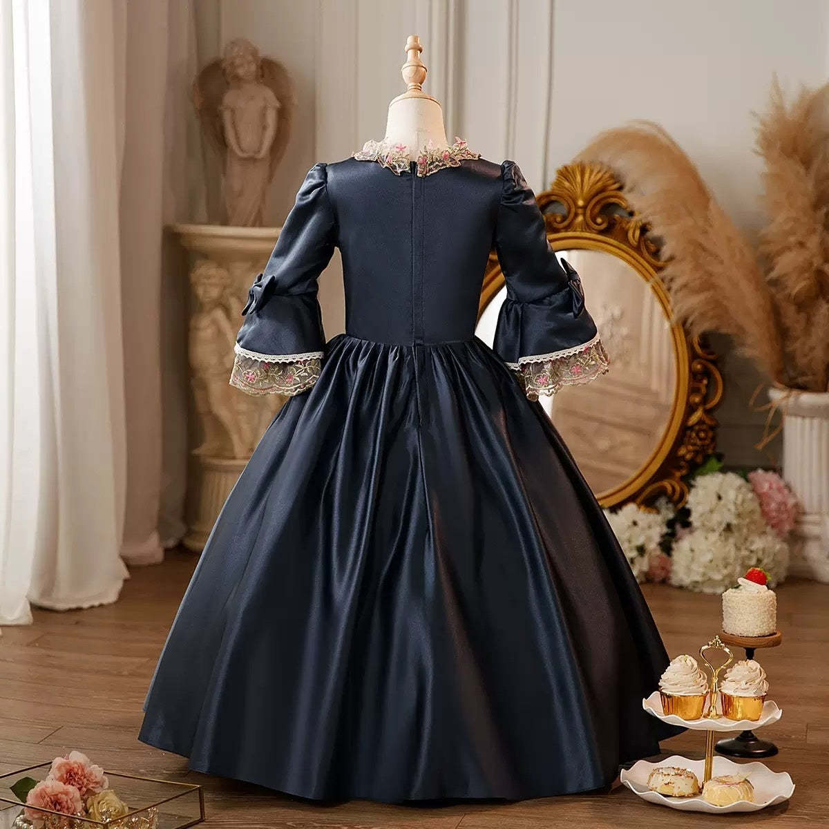 Victorian Princess Floral Ball Gown with Lace for Girls – Round Neck 3/4 Sleeves Floor Length