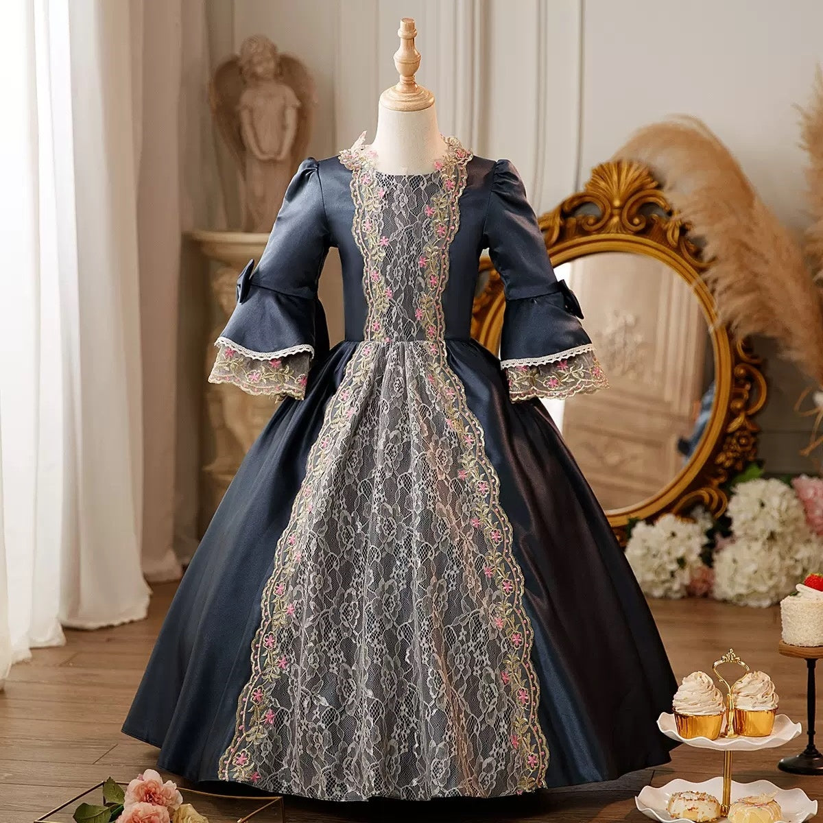 Victorian Princess Floral Ball Gown with Lace for Girls – Round Neck 3/4 Sleeves Floor Length
