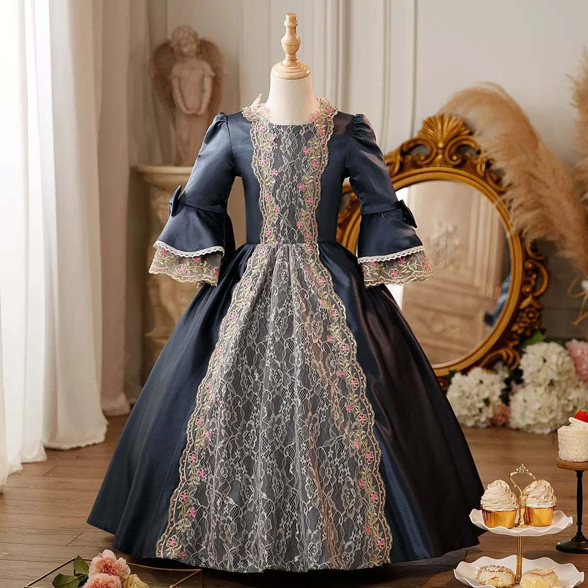 Victorian Princess Floral Ball Gown with Lace for Girls – Round Neck 3/4 Sleeves Floor Length