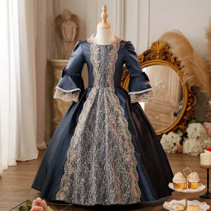 Victorian Princess Floral Ball Gown with Lace for Girls – Round Neck 3/4 Sleeves Floor Length