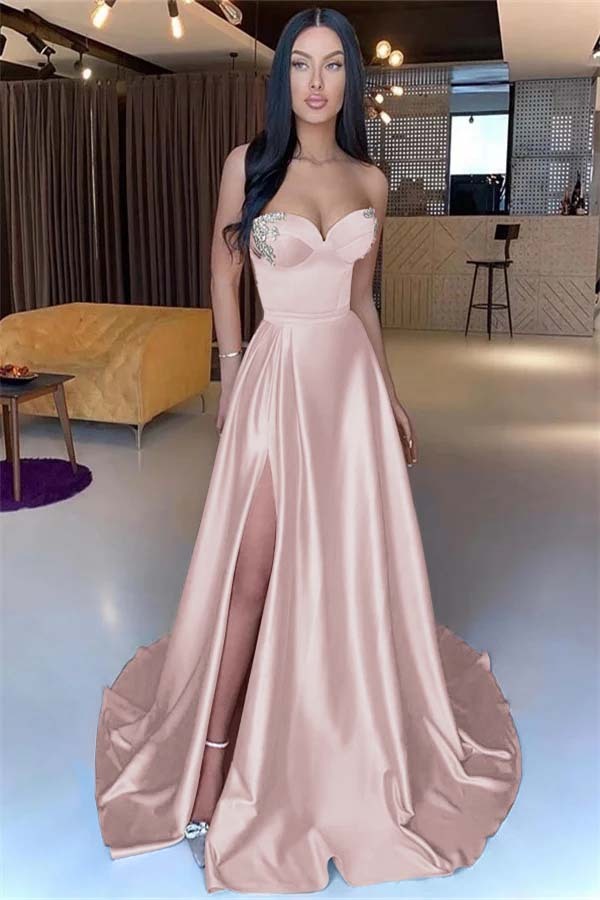 Sweetheart Yellow Strapless Mermaid Beadings Long Prom Dress With Split