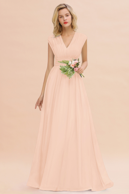 BMbridal Elegant Chiffon V-Neck Ruffle Long Bridesmaid Dresses Affordable-BMbridal