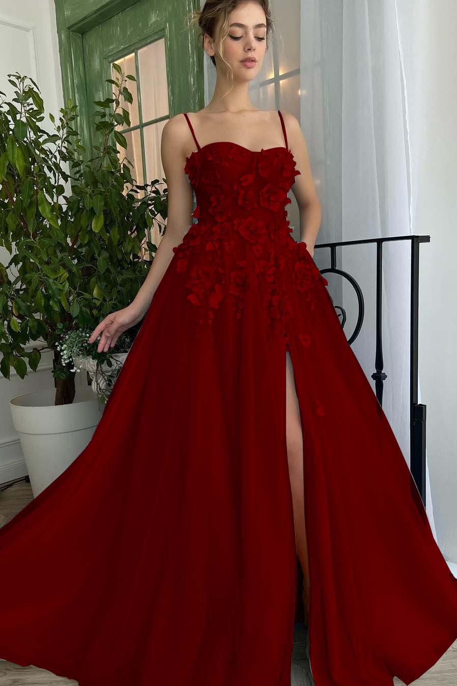 Baby Blue Sweetheart Flowers Appliques Spaghetti Strap Prom Dress With Split