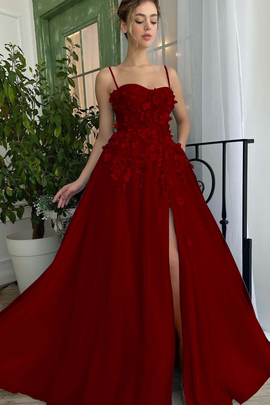 Baby Blue Sweetheart Flowers Appliques Spaghetti Strap Prom Dress With Split