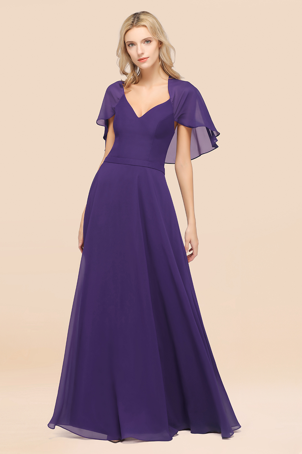 BMbridal Chic Satin V-Neck Long Burgundy Chiffon Bridesmaid Dress with Flutter Sleeve-BMbridal