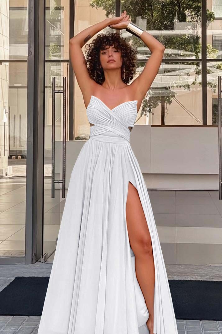 Strapless Sleeveless Long High Split Prom Dress With Pleated