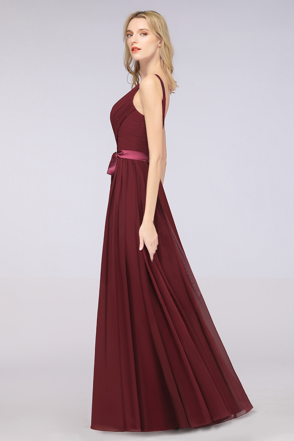 BMbridal Chic V-Neck Straps Ruffle Burgundy Bridesmaid Dresses with Bow Sash-BMbridal