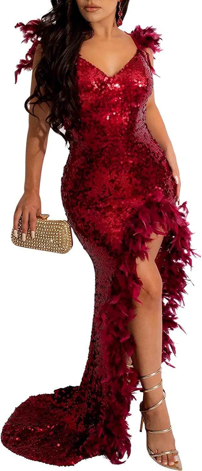 Women's Sexy Sequin Feather Prom Dresses 2025 High Slit Deep V Neck Evening Formal Masquerade Ball Gown Maxi Dress-BMbridal.UK