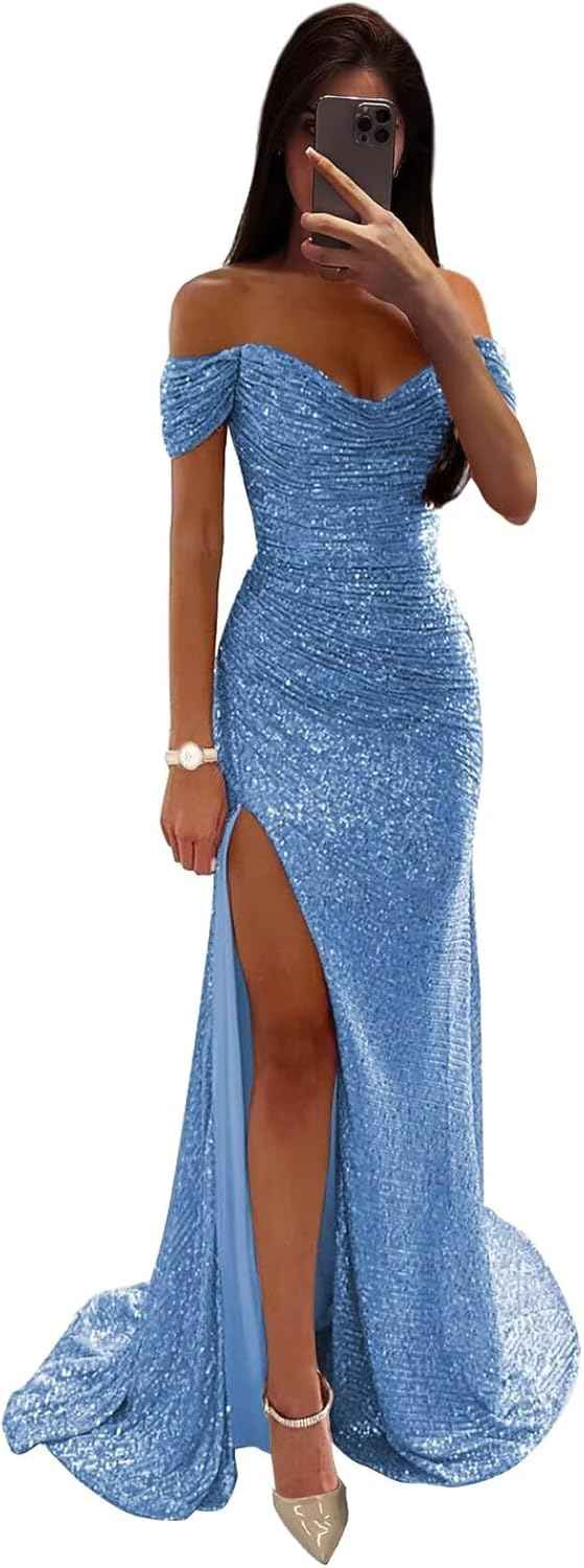 Sequin Prom Dresses for Women Off Shoulder V-Neck Long Ball Gown with Slit Formal Evening Party-BMbridal.UK
