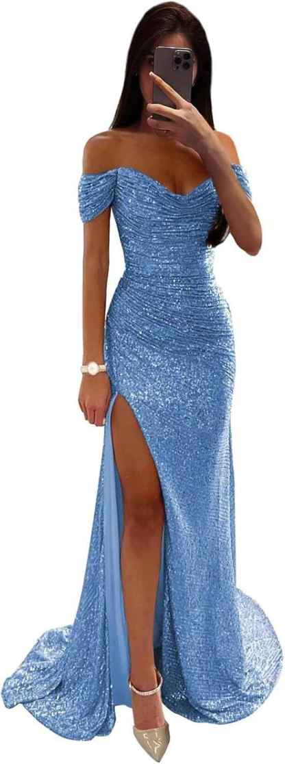 Sequin Prom Dresses for Women Off Shoulder V-Neck Long Ball Gown with Slit Formal Evening Party-BMbridal.UK