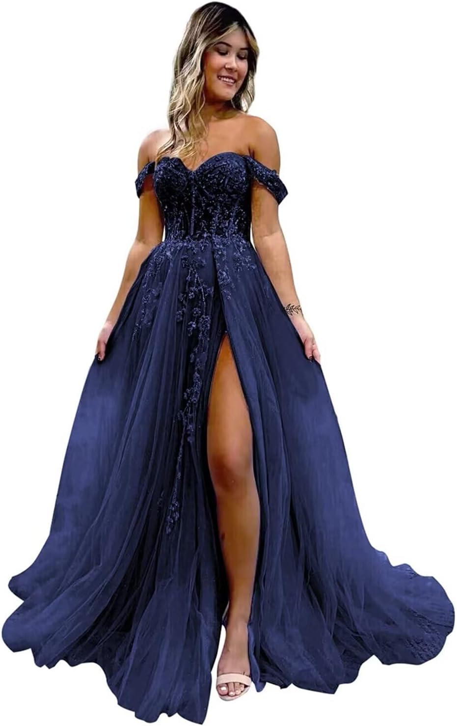Off The Shoulder Tulle Prom Dresses with Slit Laces Applique Sweetheart Long Formal Evening Party Gowns-BMbridal.UK