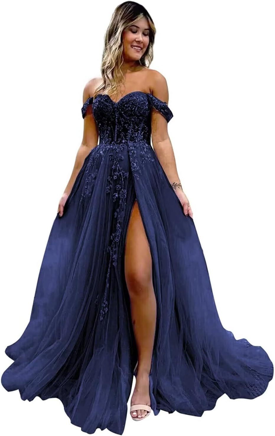 Off The Shoulder Tulle Prom Dresses with Slit Laces Applique Sweetheart Long Formal Evening Party Gowns-BMbridal.UK