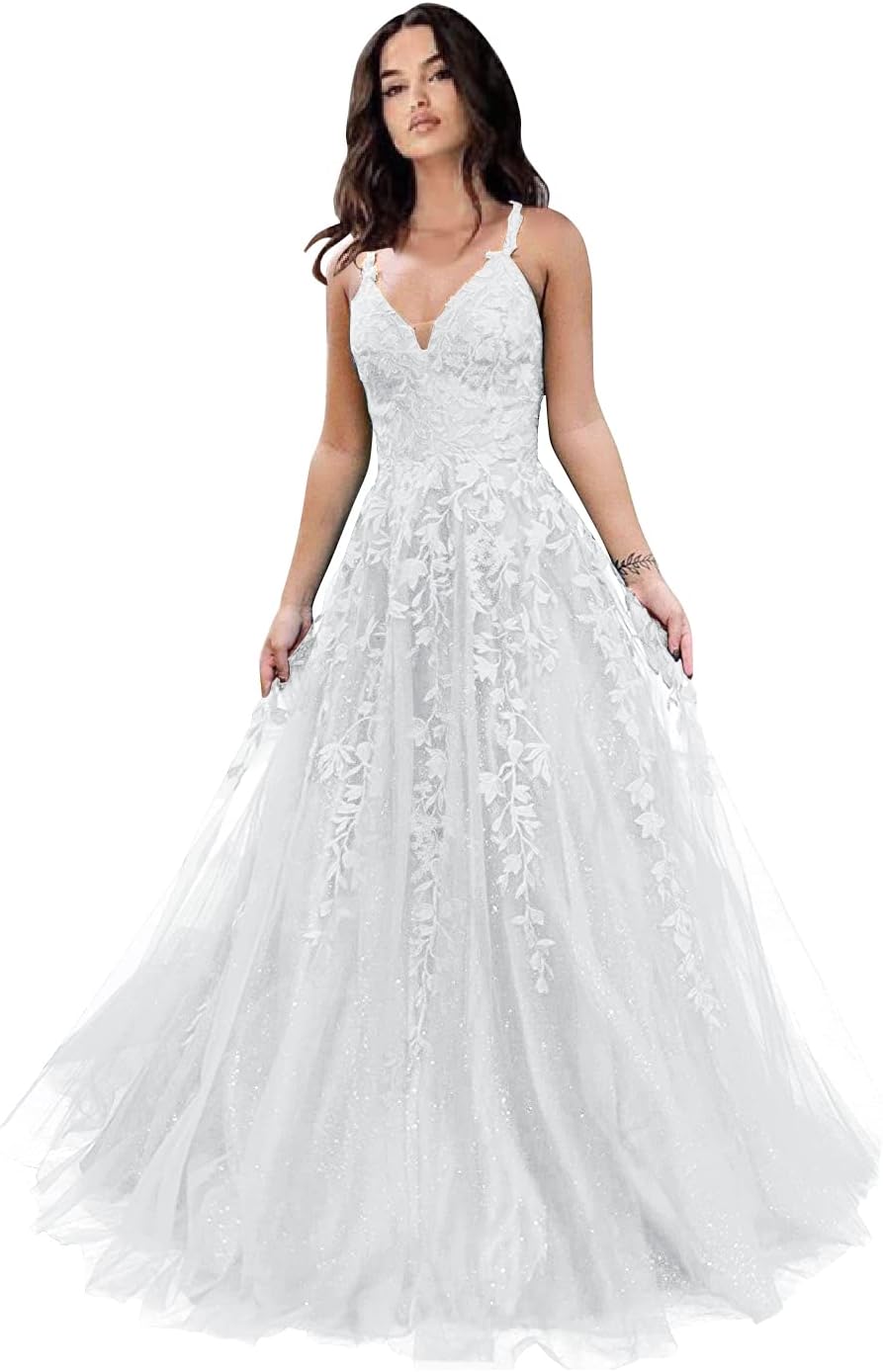 Tulle Prom Dresses for Women 2025 Sparkly Lace Appliques Long Ball Gowns Spaghetti Straps A-Line Evening Gowns-BMbridal.UK