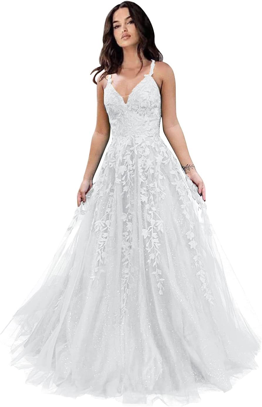 Tulle Prom Dresses for Women 2025 Sparkly Lace Appliques Long Ball Gowns Spaghetti Straps A-Line Evening Gowns-BMbridal.UK