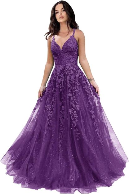 Tulle Prom Dresses for Women 2025 Sparkly Lace Appliques Long Ball Gowns Spaghetti Straps A-Line Evening Gowns-BMbridal.UK