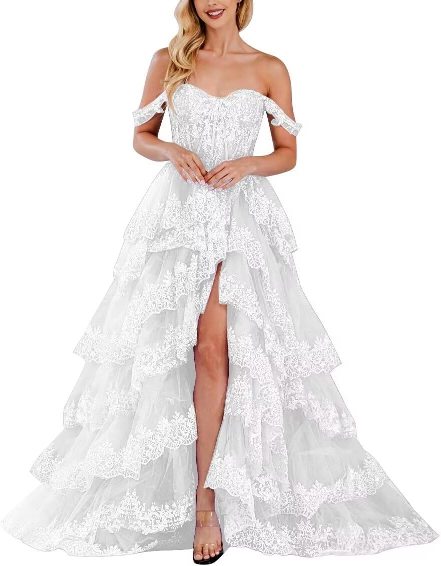 Lace Appliques Prom Dresses for Women Sparkly Tiered Tulle Off The Shoulder Formal Evening Gowns with Slit-BMbridal.UK