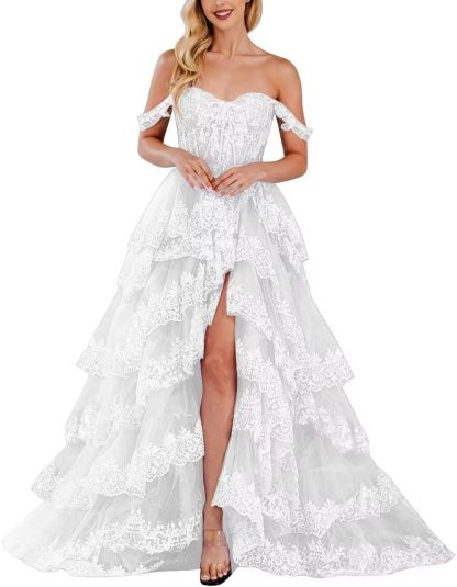 Lace Appliques Prom Dresses for Women Sparkly Tiered Tulle Off The Shoulder Formal Evening Gowns with Slit-BMbridal.UK
