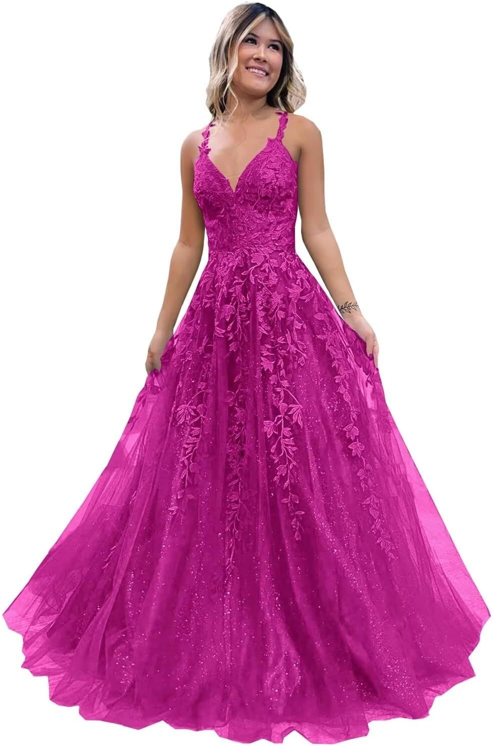 Tulle Lace Appliques Sparkly Prom Dresses A Line with Slit V Neck Formal Party Dress-BMbridal.UK