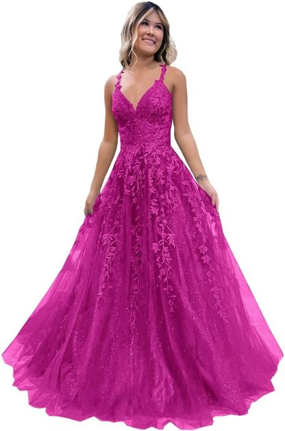 Tulle Lace Appliques Sparkly Prom Dresses A Line with Slit V Neck Formal Party Dress-BMbridal.UK
