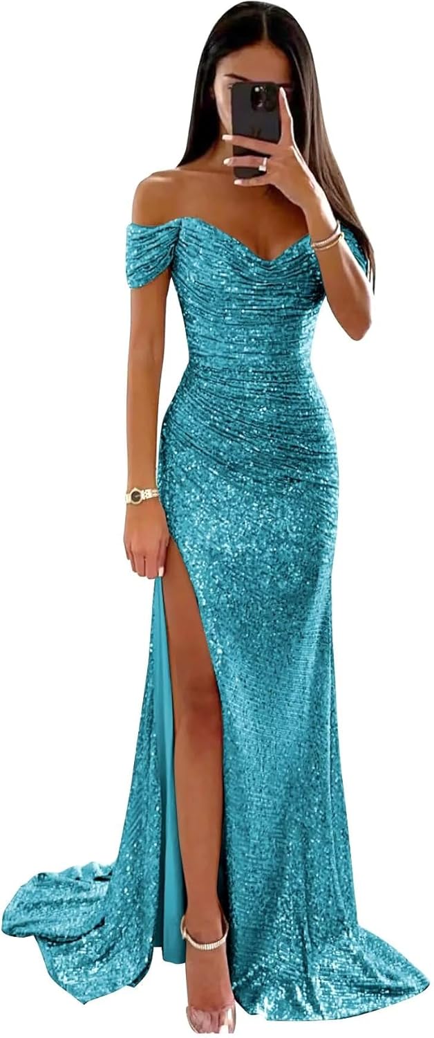 Sequin Prom Dresses for Women Off Shoulder V-Neck Long Ball Gown with Slit Formal Evening Party-BMbridal.UK
