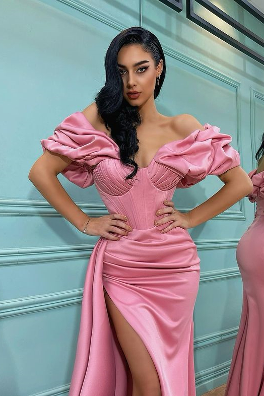 Pink Mermaid Off the Shoulder Sweetheart High Split Prom Dress With Pleated