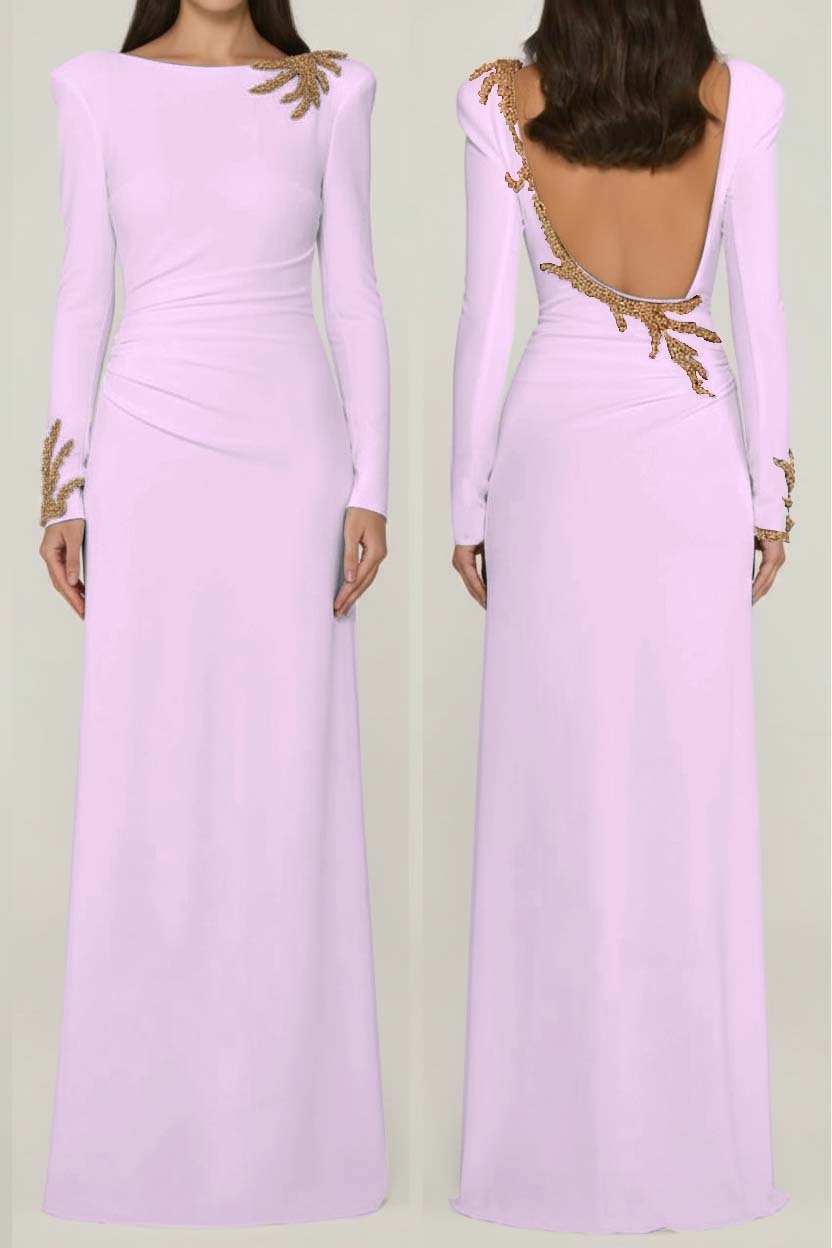 Long Sleeves Long Backless Prom Dress With Appliques Pleated