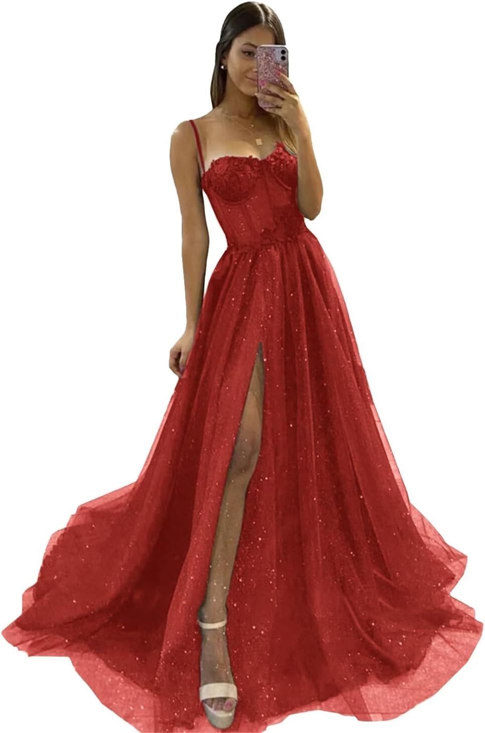 Glitter Tulle Prom Dresses Long 2025 Spaghetti Straps Sweetheart 3D Flowers Evening Party Gowns with Slit-BMbridal.UK