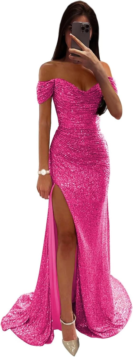 Sequin Prom Dresses for Women Off Shoulder V-Neck Long Ball Gown with Slit Formal Evening Party-BMbridal.UK