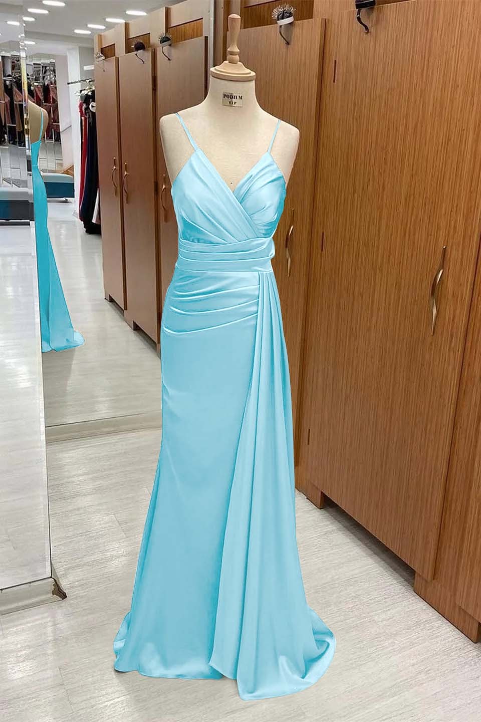 Spaghetti Strap Sleeveless Long Mermaid Prom Dress With Pleated