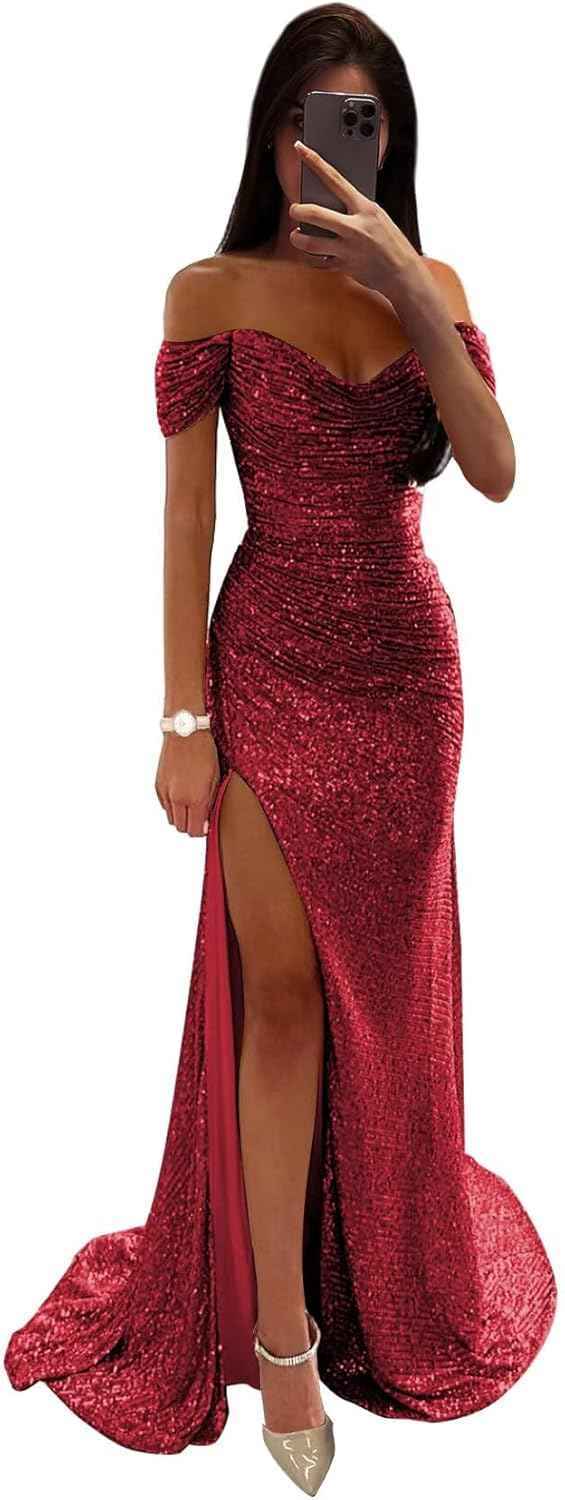 Sequin Prom Dresses for Women Off Shoulder V-Neck Long Ball Gown with Slit Formal Evening Party-BMbridal.UK
