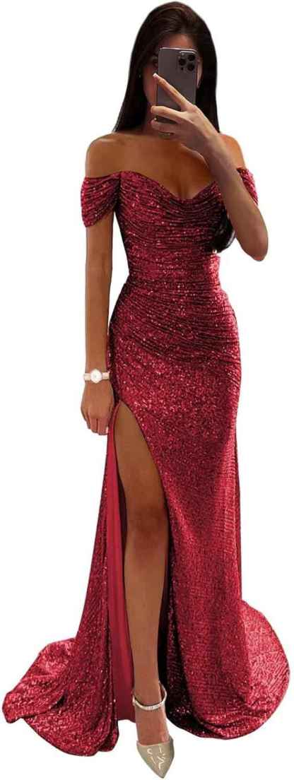 Sequin Prom Dresses for Women Off Shoulder V-Neck Long Ball Gown with Slit Formal Evening Party-BMbridal.UK