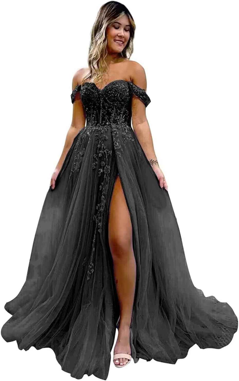 Off The Shoulder Tulle Prom Dresses with Slit Laces Applique Sweetheart Long Formal Evening Party Gowns-BMbridal.UK