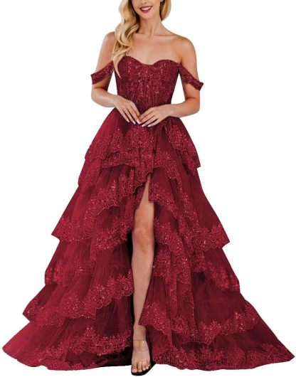 Lace Appliques Prom Dresses for Women Sparkly Tiered Tulle Off The Shoulder Formal Evening Gowns with Slit-BMbridal.UK