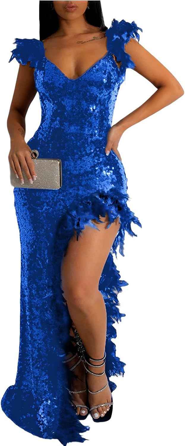 Women's Sexy Sequin Feather Prom Dresses 2025 High Slit Deep V Neck Evening Formal Masquerade Ball Gown Maxi Dress-BMbridal.UK