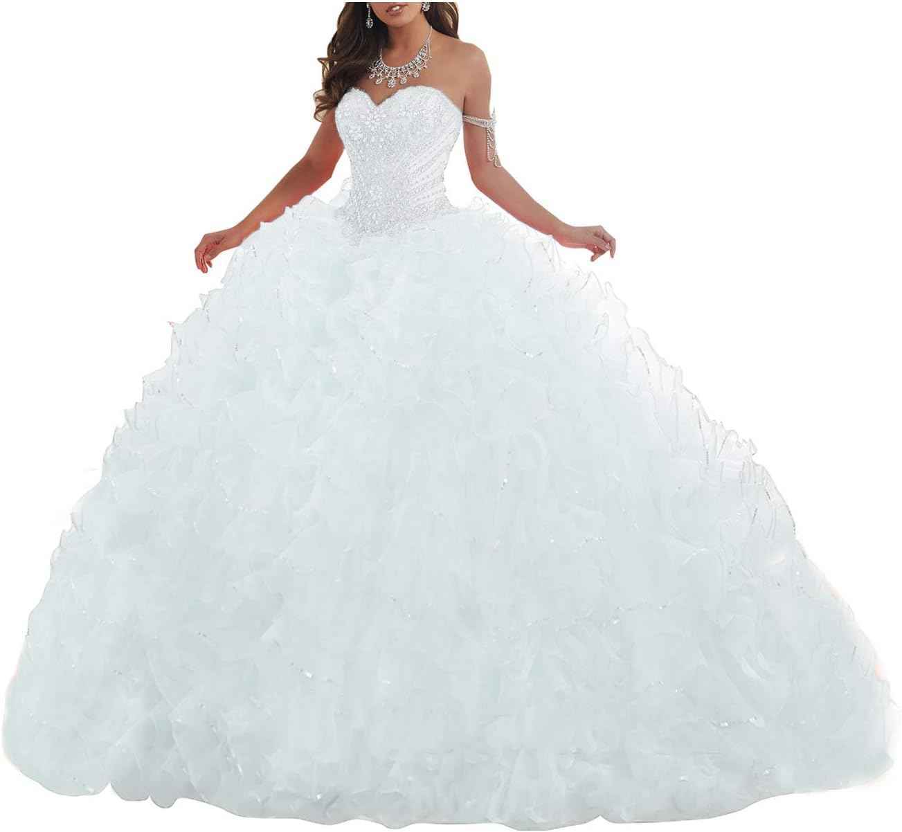 Women's Organza Ruffles Quinceanera Beaded Sweetheart Prom Ball Gown-BMbridal.UK