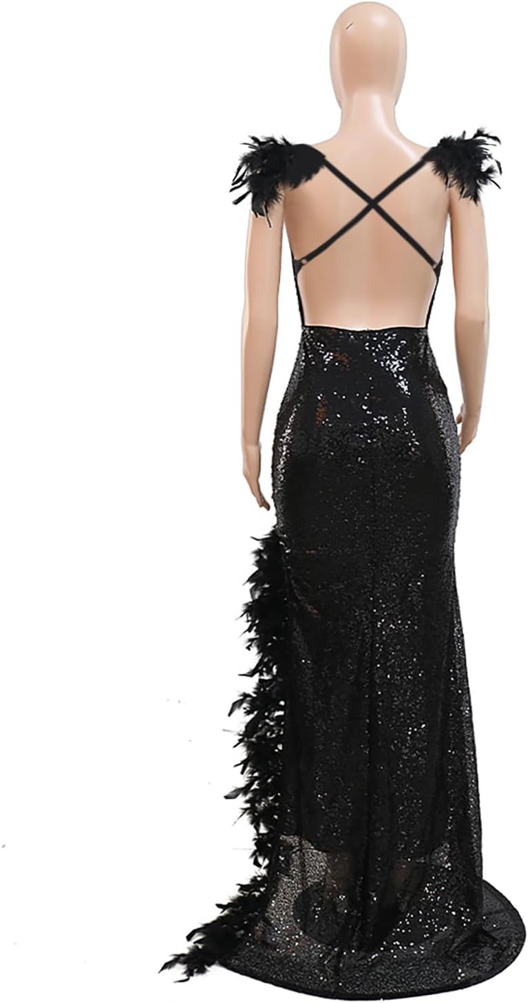 Women's Sexy Sequin Feather Prom Dresses 2025 High Slit Deep V Neck Evening Formal Masquerade Ball Gown Maxi Dress-BMbridal.UK