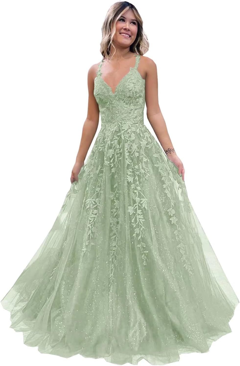 Tulle Lace Appliques Sparkly Prom Dresses A Line with Slit V Neck Formal Party Dress-BMbridal.UK