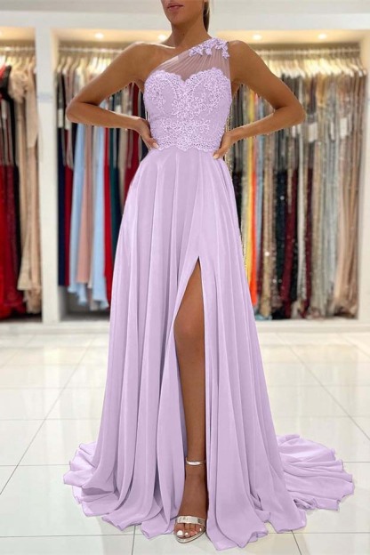 Glamorous One Shoulder Sleeveless Lace Appliques Prom Dress With Front Split