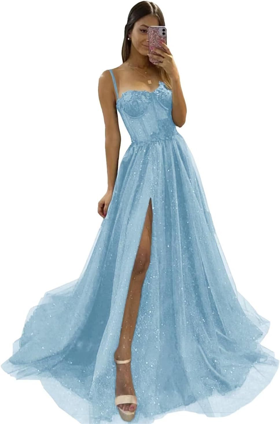 Glitter Tulle Prom Dresses Long 2025 Spaghetti Straps Sweetheart 3D Flowers Evening Party Gowns with Slit-BMbridal.UK