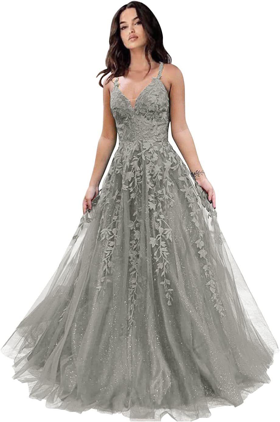 Tulle Prom Dresses for Women 2025 Sparkly Lace Appliques Long Ball Gowns Spaghetti Straps A-Line Evening Gowns-BMbridal.UK