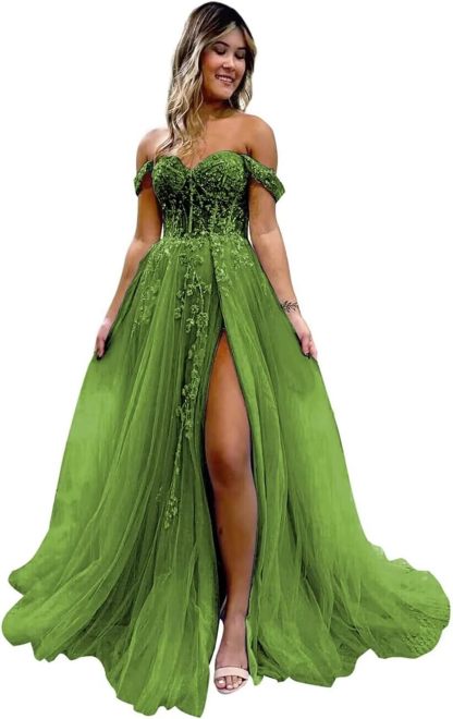 Off The Shoulder Tulle Prom Dresses with Slit Laces Applique Sweetheart Long Formal Evening Party Gowns-BMbridal.UK