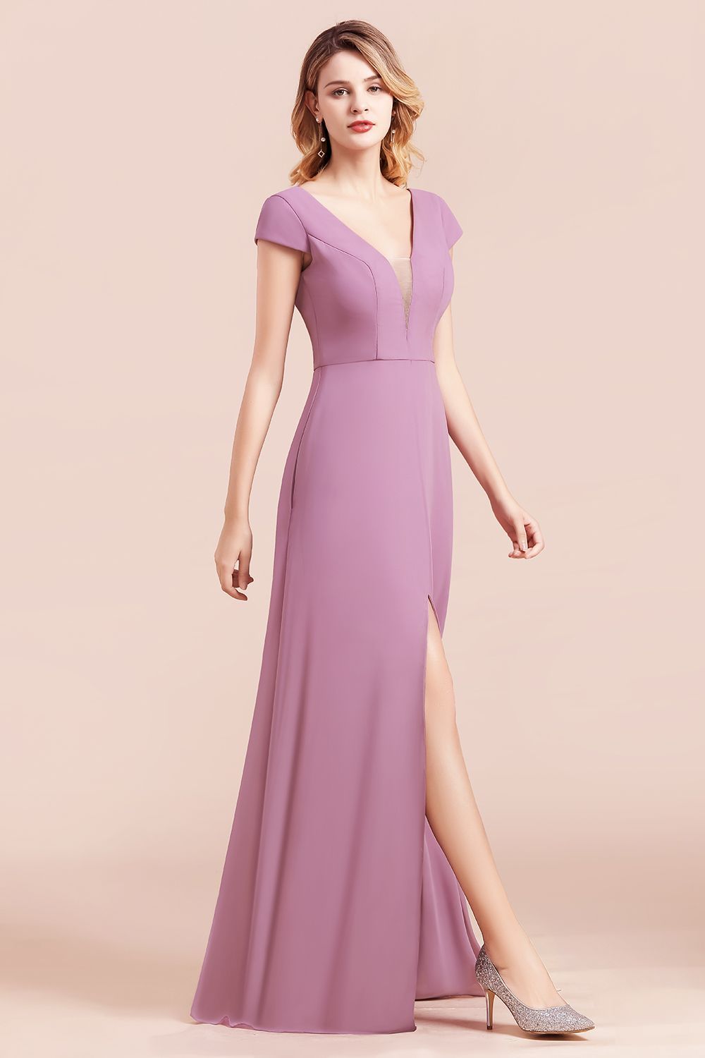 BMbridal Chic V-Neck Chiffon Wisteria Bridesmaid Dresses with Short Sleeves-BMbridal