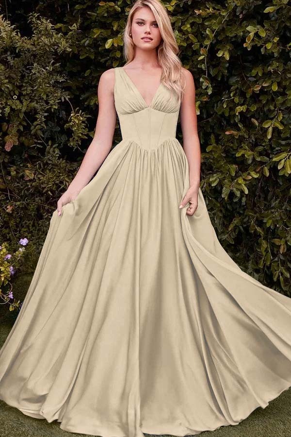 Straps V Neck Sleeveless Long A Line Prom Dress With Pleated